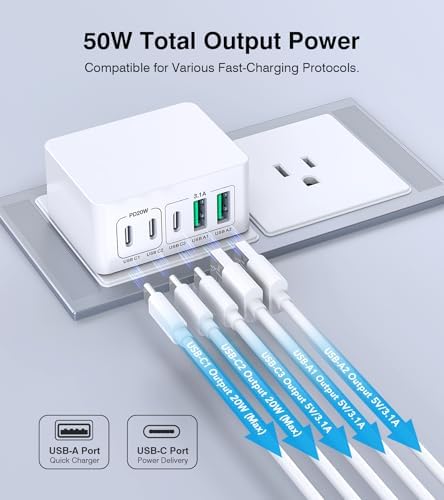Ultimate 50 W Multiport USB-C Wall Charger: High-Efficiency 5-Port Power Hub for i Phone 16/15/14/13/12 Pro Max, Samsung, and All Devices – Sleek, Lightweight Design with PD & QC 3.0 Technology – Ideal for Home, Office, and On-the-Go Fast Charging Solutions