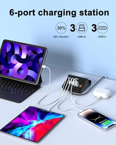 VHBW 35 W 6-Port USB C Charging Hub – Innovative Multi-Device Fast Charging Station with 3 USB-C & 3 USB-A Ports – Optimal Compatibility for i Phone 14/13/12 & Samsung Galaxy S23/S22/S21 – Smart Power Distribution for Rapid Charging Efficiency