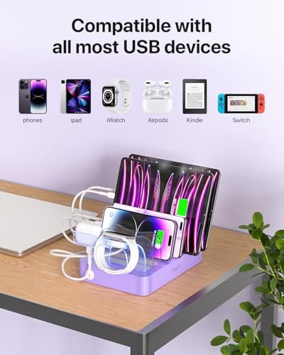 Soo Pii Elegant Pink 6-Port USB Charging Station Organizer – Fast Multi-Device Charging Hub with 6 High-Speed Cables and i-Watch Holder – Ultimate Solution for Neat Workspaces and Efficient Device Management
