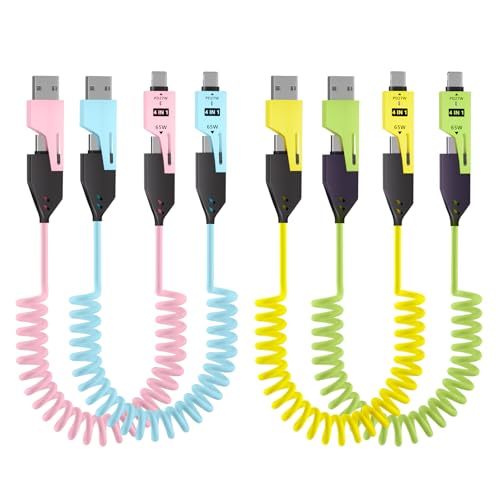 Versatile 4 in 1 Coiled USB C Cable – 4 ft Liquid Silicone Fast Charging Cable for Phones, Laptops & Car Chargers – 65 W Power Delivery, Tangle-Free Design, 4 Pack (Vibrant Yellow) – Perfect for On-the-Go Charging Solutions