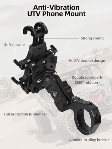 Heavy-Duty Anti-Vibration UTV Phone Mount with Aluminum Bracket – Adjustable Roll Cage Cell Phone Holder for 4.7-7.1″ Devices – Ultimate Stability for Off-Road Adventures and Rugged Terrain Navigation