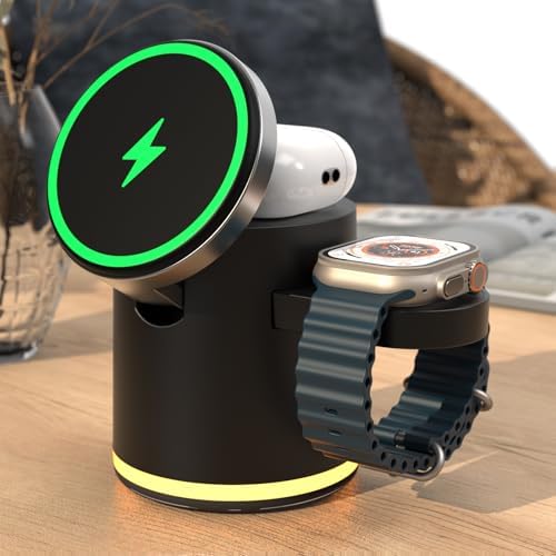 HATALKIN 4-in-1 Wireless Charging Station with Integrated Night Light – Fast Charging Dock for i Phone 12-16 Pro/Max, Apple Watch Series 6-Ultra, Air Pods – Sleek Design for Effortless Device Organization and Ambiance Enhancement