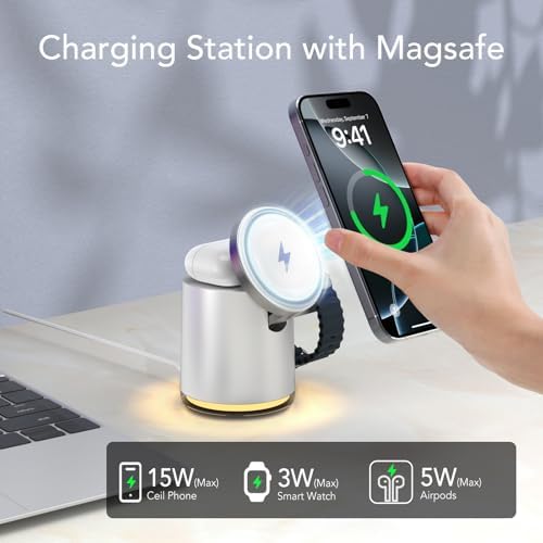 HATALKIN 4-in-1 Wireless Charging Station with Integrated Night Light – Fast Charging Dock for i Phone 12-16 Pro/Max, Apple Watch Series 6-Ultra, Air Pods – Sleek Design for Effortless Device Organization and Ambiance Enhancement
