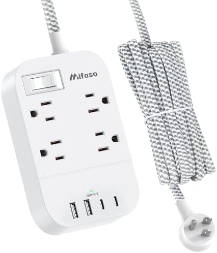 Versatile 10 Ft Braided Power Strip with Flat Plug – 4 Outlets & 3 USB Charging Ports for Effortless Device Management, Overload Protection, and Space-Saving Wall Mount Design for Home and Office Use