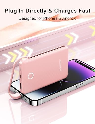 Compact 6000 m Ah Portable Power Bank with Built-in Cable – Lightweight Fast Charging External Battery for i Phone and Android – Ultimate Travel Companion for On-the-Go Charging Efficiency