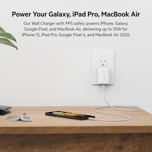 Belkin 30 W USB-C Fast Charger Block with USB-C to C Cable – Ultra-Fast Power Delivery 3.0 for i Phone 16, Samsung Galaxy S25, Google Pixel, Nintendo Switch 2 & More – Sleek White Design for Optimal Travel Convenience – PPS & USB-IF Certified for Reliable Charging Performance – Enhance Your Device’s Lifespan with Smart Power Regulation