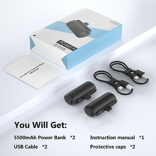 Dual Pack 5500 m Ah Mini Portable Charger for i Phone – Ultra-Compact Power Bank with PD Fast Charging in Stylish Black & Pink – Perfect Travel Accessory for i Phone 14/13/12/11/X/8/7/6 – Enhanced Compatibility & Convenience for On-the-Go Power