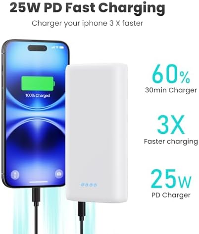 Ultra-High Capacity 40,800 m Ah Power Bank with 25 W Fast Charging – Dual Built-in Cables & 5 Outputs for Quick Device Charging – Compatible with i Phone 16/15 & Android – Sleek Blue Portable Charger for On-the-Go Power Solutions