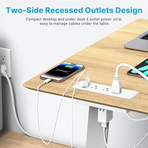 CCCEI 6-Outlet Recessed Power Strip with Dual USB-C Ports – Sleek Flush Mount Charging Station for Desks & Nightstands, 10-Foot Cord for Flexible Setup, Ideal for Home & Office Power Needs, White Finish