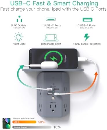 Revolutionary Wall Outlet Extender with Integrated Shelf & Adjustable Night Light – 5 USB Ports Including Rapid USB-C Charging, Surge Protection, and Compact Design for Enhanced Organization and Efficiency
