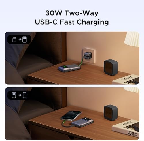 UGREEN Uno 10,000 m Ah Power Bank with Integrated USB-C Cable – PD 30 W Fast Charging Battery Pack Featuring TFT Display for i Phone 16, Galaxy S24, Pixel, i Pad & More – Ultimate Portable Charger for Enhanced Device Compatibility and Speed Efficiency