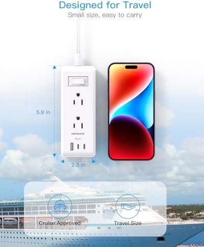HANYCONY Travel Power Strip with 6 Outlets & 3 USB Ports – 5 ft Flat Plug Extension Cord for Cruise Ships & College Dorms – Space-Saving Wall Mount Design for Ultimate Convenience & Fast Charging Efficiency