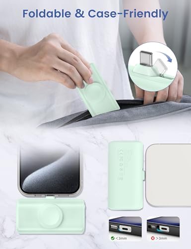 RORRY Ultra-Compact 5000 m Ah Power Bank for i Phone 15 & 16 – Foldable USB-C Fast Charger with 15 W Output, Sleek Black Design for Apple Devices and Apple Watch, Perfect for On-the-Go Power Needs