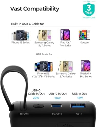 Discover the INIU 10,000 m Ah Power Bank with Built-in USB-C Cable – Your Ultimate On-the-Go Charging Solution for i Phone 15/14/13/12/11, Samsung S22/S21, Google Devices, Air Pods, and i Pads – Fast 20 W Charging for Effortless Power Management. Stay Connected with Enhanced Compatibility and Sleek Design, Perfect for Travelers and Busy Professionals. Experience Convenience and Efficiency with This Lightweight Portable Charger That Fits Seamlessly into Your Lifestyle. Never Miss a Moment with Reliable Power at Your Fingertips – Ideal for Streaming, Working, or Navigating!