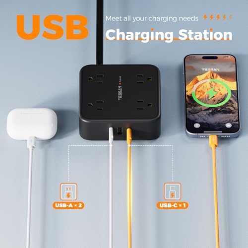 TESSAN Power Strip Tower Surge Protector: 8 AC Outlets & 3 USB Ports (1 USB-C) with 900 Joules Protection, 5 FT Flat Plug Extension Cord – Ultimate Desk Charging Station for Home Office and Dorm Room Efficiency