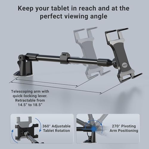 ARKON Long Arm Windshield Suction Mount for i Pad Air & Pro – Premium Hands-Free Tablet Holder for Safe Navigation and Streaming – Durable, Adjustable Car Mount with Powerful Suction and Sleek Black Design – Perfect for Video Calls and On-the-Go Entertainment