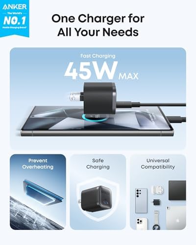 High-Speed Anker Nano 45 W USB-C Charger – Ultra-Compact, Foldable Design for Fast Charging on Samsung Galaxy S25 Ultra, i Phone 16, Mac Book, and More with 6 ft Cable – Optimal Portability and Versatile Device Compatibility
