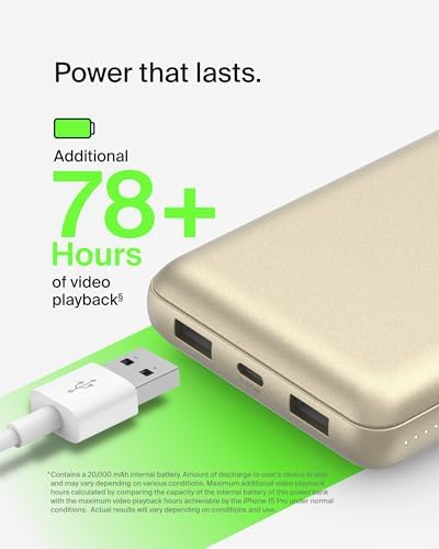 Belkin 20000 m Ah USB-C Power Bank – Dual USB-A Ports, Fast 15 W Charging for i Phone 16/15 Plus, Samsung Galaxy S25, Pixel, i Pad, Nintendo Switch 2 – Travel-Friendly Design in Pearl Blue for Enhanced Device Compatibility and On-the-Go Power