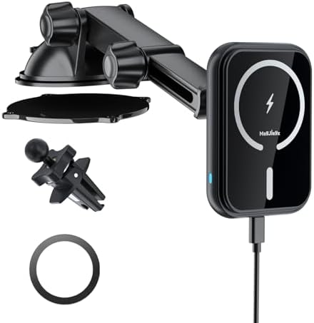 Mag Safe Car Mount Charger – 15 W Fast Wireless Charging Phone Holder for i Phone 16/15/14/13/12 Pro Max Plus – Secure Magnetic Fit for Dashboard, Windshield, Air Vent & Desk – Ultimate Convenience for Bumpy Roads – Enhanced Compatibility & Speed for Modern Drivers