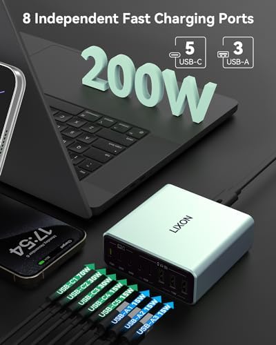 200 W Ga N IV USB-C Charging Hub – 8-Port Fast Charger Station with PD 65 W Laptop Power for Mac Book Pro/Air, i Phone 16/15/14, Galaxy S23/22 & Steam Deck – Ultimate Compact Solution for Multi-Device Efficiency and Safety