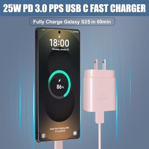 Elevate Your Charging Experience: 25 W USB C Fast Charge Block with 10 Ft Type C Cable for Samsung Galaxy S21-S24 & Note 20 – Optimal Power Delivery for Home and Travel – Exceptional Speed, Enhanced Safety Features, and Ultimate Compatibility for Android Devices