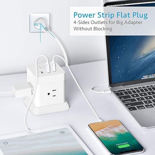 BEVA 10 ft Travel Power Strip with USB – Compact Cube Charging Station Featuring 4 Spacious Outlets and 3 Fast USB Ports for Home, Office, and Dorm Use – Overload Protection for Safe, Efficient Power Management