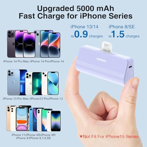 Ultra-Compact 5000 m Ah Portable Charger for i Phone – Fast Charging Power Bank in Purple, Compatible with i Phone 6/7/8/SE/11/XR/12/12 Pro Max/13/13 Pro Max/14/14 Pro Max/14 Plus & i Pad Series, Perfect Travel Companion for On-the-Go Charging