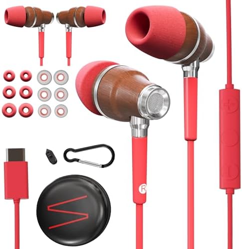 Unleash Unmatched Audio Quality with Symphonized Wooden Type-C Earbuds – Advanced Noise-Cancelling Headphones Offering Deep Bass & Immersive 3 D Sound | Perfectly Compatible with i Phone 15/16 and Android Devices | Hands-Free Mic & Volume Control for Effortless Listening