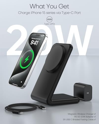 Mag-Safe Wireless Charging Stand for i Phone 16 – Fast Charging with 20 W Adapter & 5 Ft Cable, Magnetic Alignment for i Phone 15/14/13/12 – Sleek Black Design for Effortless Charging and Enhanced Compatibility