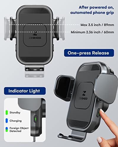 Zee Hoo 15 W Fast Wireless Car Charger with Auto-Clamping Phone Holder – Effortless One-Handed Operation for i Phone 15/14/13/12/11 Pro Max, Qi-Enabled Charging Mount in Sleek Black for Optimal Driving Convenience and Seamless Integration