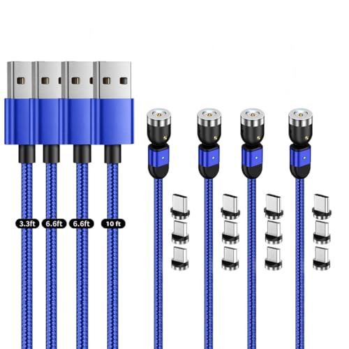 Versatile Magnetic Charging Cable Set – 4-Pack (3/6/6/10 ft) | 3-in-1 USB Type C & Micro USB Charger with 360° & 180° Rotating Connectors | Durable Nylon-Braided Design with LED Charging Indicator | Fast & Efficient Power Solution for All Devices