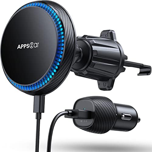 APPS2 Mag Safe-Compatible Wireless Car Charger with 15 W Fast Charging – Advanced Car Vent Mount for i Phone 16/15/14 Series with 3200 RPM Cooling Fan System for Optimal Performance and Safety