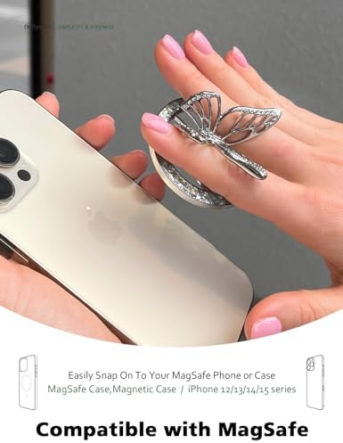 Stylish Magnetic Butterfly Phone Grip for Mag Safe – Silver Bling Kickstand Holder with Universal Adapter Ring for Enhanced Usability – Lightweight & Chic Accessory for Secure Handling and Effortless Viewing Experience