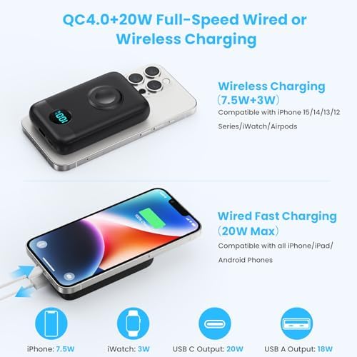 Revolutionary 4-in-1 Magnetic Portable Charger 10800 m Ah – Rapid USB-C Power Bank with LCD Display, Fast Charging for i Phone 16/15/14/13/12 & Apple Watch – Sleek White Design for Ultimate Compatibility and On-the-Go Convenience