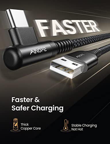 AINOPE Right Angle USB C Cable – 2-Pack (10 ft + 10 ft) Fast Charging 3.1 A Nylon Braided Charger for Enhanced Device Compatibility, Ideal for Gaming and Multitasking, Durable Black Design