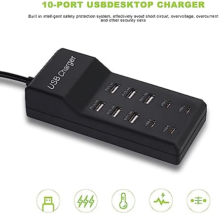 50 W 10-Port USB Charging Hub – High-Speed Multi-Device Power Station with 6 USB-A & 4 USB-C Ports – Ideal for i Phone 15/14/13/12/11, Tablets, and More – Sleek White Design with Enhanced Safety Features for Efficient Home and Office Charging Solutions