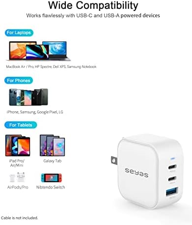 Seyas 66 W Ga N Fast Wall Charger – Compact USB-C Power Adapter with 3 Ports for Rapid Charging of i Pad Pro, Air Pods Pro, Nintendo Switch, Samsung Devices & More – Foldable Design for Ultimate Portability and Enhanced Power Delivery Efficiency