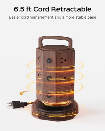 JACKYLED Power Strip Tower Surge Protector with 12 Outlets and 6 USB Ports (2 USB-C) – High-Speed Charging Station with 1050 Joules Protection, 1625 Watts, 6.5 ft Extension Cord for Enhanced Home Office Efficiency and Device Safety