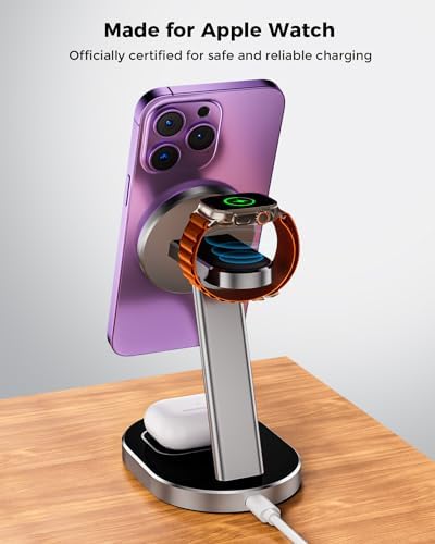 Ultimate 3-in-1 Magnetic Mag-Safe Wireless Charger for i Phone 15, 14, 13, 12 Pro Max, Mini, and Plus – 15 W Fast Charging Station with Aluminum Alloy Stand for Apple Watch & Air Pods – Streamlined Multi-Device Charging Solution with Enhanced Compatibility and Modern Design