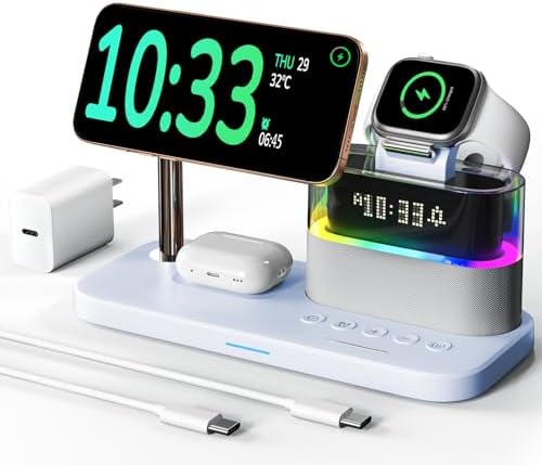 Qi2 Certified 15 W 5-in-1 Mag-Safe Wireless Charging Station with Alarm Clock & Night Light – Stylish Pink Dock for i Phone 16/15/14/13/12 Pro Max, Apple Watch & Air Pods – Fast Charging & Clutter-Free Convenience