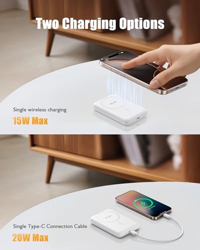 Ultra-Slim 10,000 m Ah Mag Safe Power Bank – 15 W Magnetic Wireless Charger with PD 20 W Fast Charging for i Phone 12-16 Series – Compact Beige Design for Effortless Portability & Simultaneous Dual Device Charging – Includes 22.5 W USB-C Cable for Quick Top-Ups and Hassle-Free Use