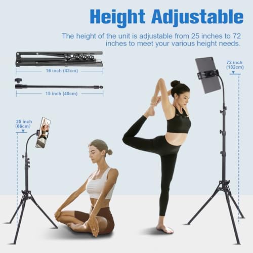 Lusweimi 72-Inch Adjustable i Pad Tripod Stand with 360-Degree Rotating Gooseneck – Versatile Tablet Holder Compatible with i Phone and 4.7-12.9″ Devices for Enhanced Viewing Comfort and Productivity