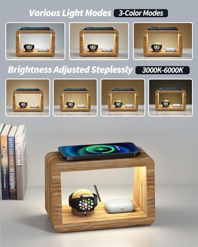 Eco-Friendly 3-in-1 Bamboo Wireless Charging Hub with Night Light – Fast Mag-Safe Charger for i Phone 16/15/14/13/12 Pro Max/X/Xs Max/8, Compatible with Air Pods Pro & Apple Watch – Stylish Solution for Tangle-Free Charging and Enhanced Nighttime Convenience