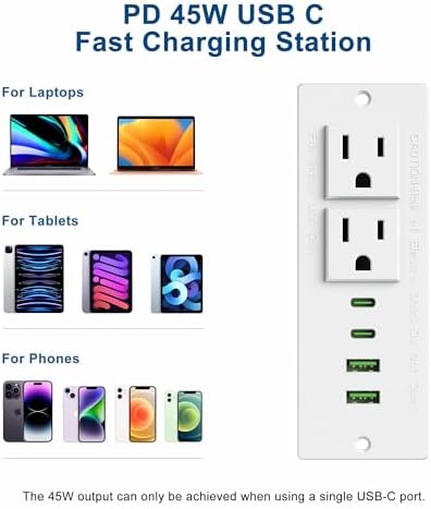 Recessed Power Strip with USB C PD Fast Charging – 30 W Flush Mount Desk Outlet for Space-Saving Convenience, 2 AC Outlets & 2 USB Ports, 6 ft Cord, Ultra Thin Flat Plug for Tidy Workspaces – Perfect for Home Offices and Multi-Device Charging Solutions