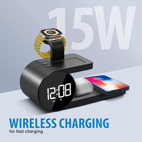 Brookstone 4-in-1 Wireless Charging Station: Elegant Multifunctional Hub for i Phone 15 to 12 Pro Max, All Apple Watch Series & Air Pods Compatibility | Fast Charging with Integrated Clock for Home or Office Use