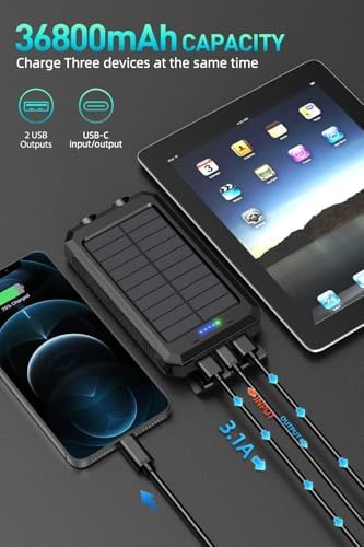 Ultimate 36,800 m Ah Solar Power Bank with Dual USB Ports, Quick Charge 3.0, and IPX7 Waterproofing – Reliable Outdoor Charging Companion with Built-In Flashlight for Adventures and Emergencies