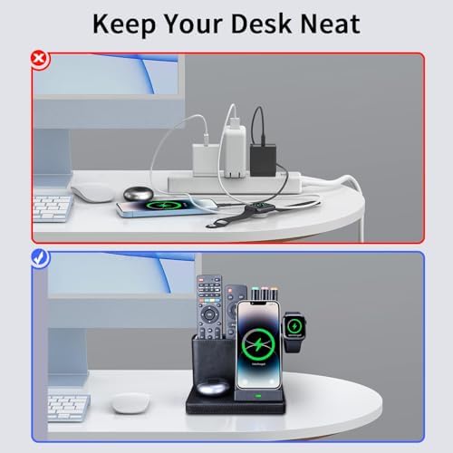 Premium 4-in-1 Leather Wireless Charging Station & Desk Organizer – Fast Multi-Device Charger for i Phone 15/14/13/12/11 Pro Max, Samsung, Air Pods & Apple Watch – Elegant Design for Home & Office Efficiency
