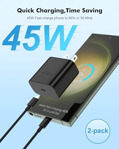 Dual-Pack 45 W USB C Fast Charger for Samsung Devices – Lightning-Fast Charging with 6 FT Type C Cables for Galaxy S25 Ultra/S24/S23/Z Fold 5/Z Flip 5 – PPS Technology for Enhanced Power Delivery – Compact, Reliable, and Portable Charging Solution