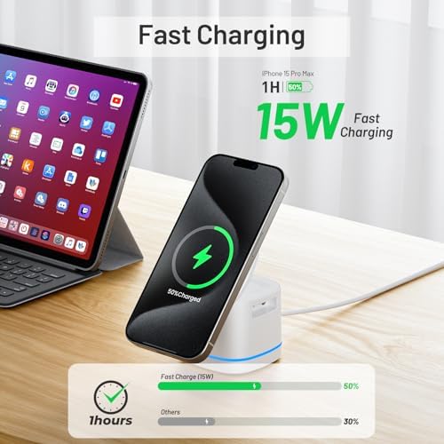 Ultimate 3 in 1 Magnetic Wireless Charger for Apple Devices – Fast Mag-Safe Charging Stand for i Phone 15/14/13/12, Air Pods 3/2/Pro & All Models of Apple Watch – Portable, Elegant Design for Home, Office & Travel