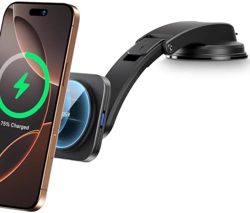 Revolutionize Your Drive with the ESR Qi2 15 W Mag Safe Car Mount Charger – Effortless Fast Wireless Charging for i Phone 12-16 & S25, Secure Magnetic Hold for Dashboard/Windshield, Stylish Black Design, Ultimate Convenience and Enhanced Compatibility